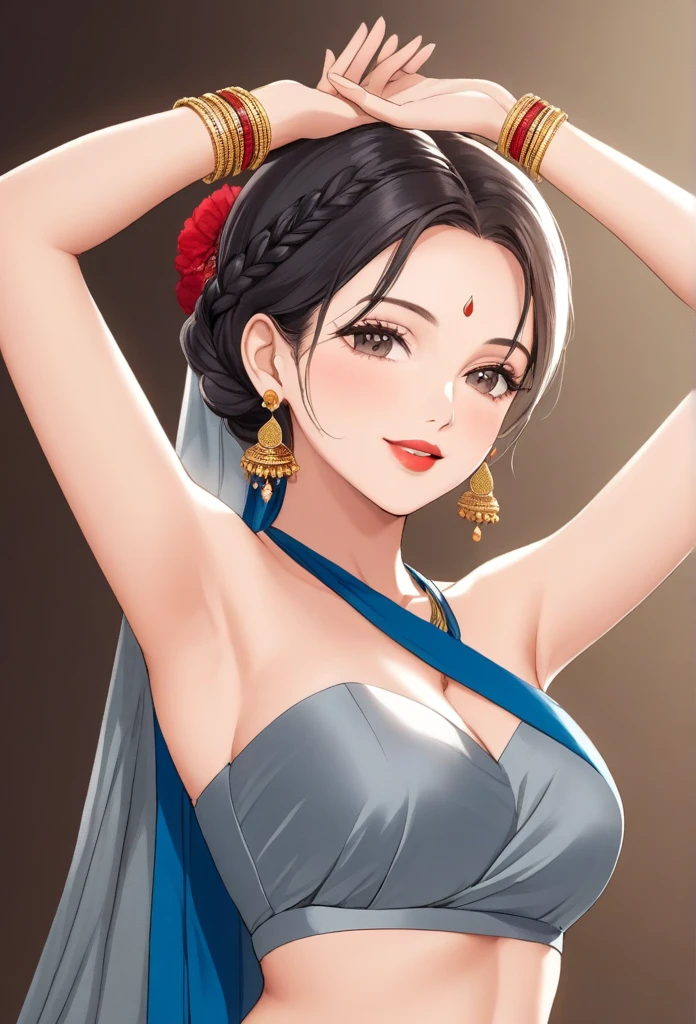 ((1woman, mature,single hair braid,silk grey saree, big long  jhumka earrings , detailed alluring eyes, smooth detailed lips, beautiful face, smiling ,red lipstick ,navel,bangles,blue ribbon,hands over head ,saggy medium breasts, 