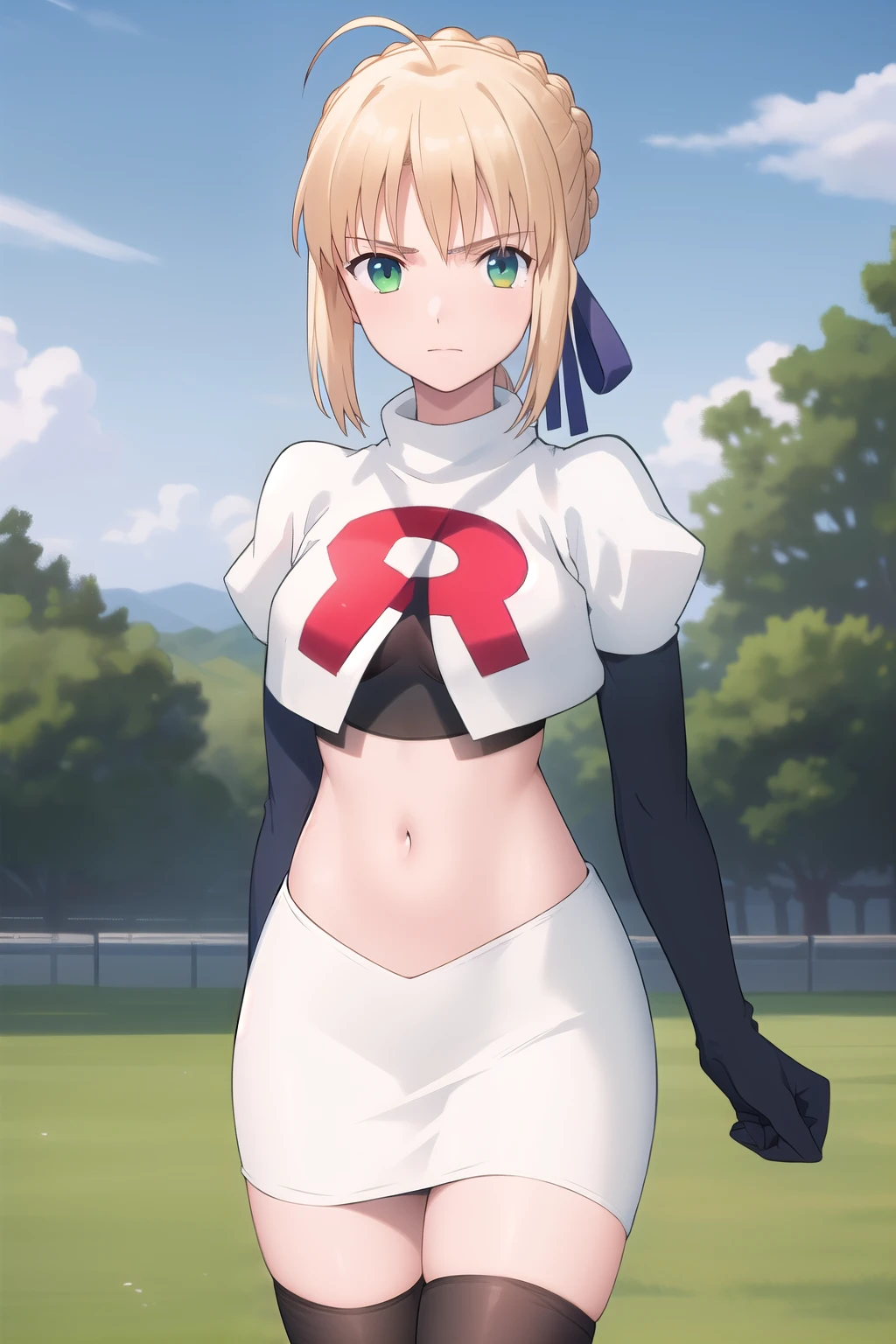 best quality, masterpiece, phSaber, phAltoria, 1girl, solo, blue ribbon, looking at viewer, french braid, hair bun, short hair, outdoors, team rocket,team rocket uniform,white skirt,red letter R,crop top,black thigh-highs,black elbow gloves