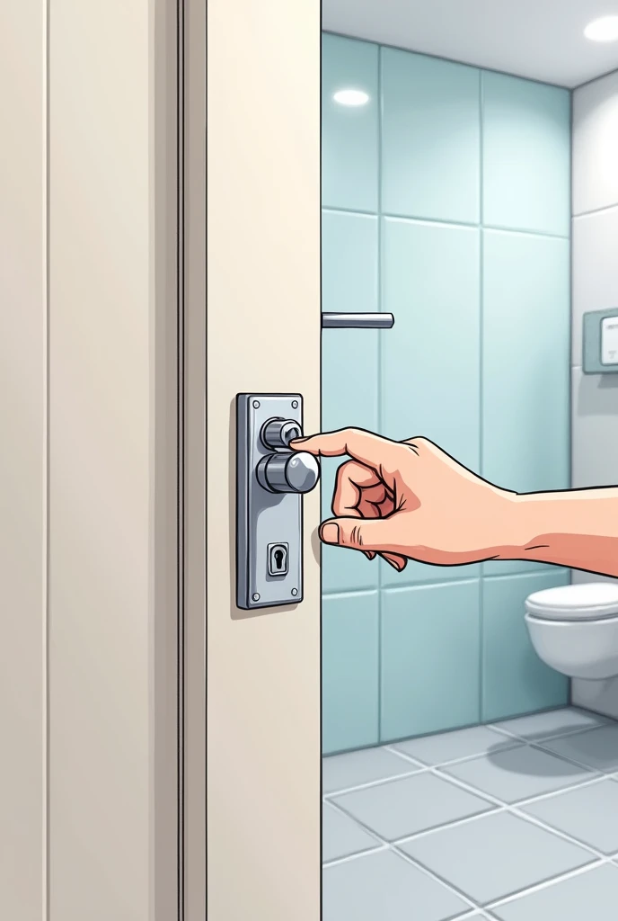 An image showing that pulling the handle of washroom door and pressing the button on the handle to lock the door