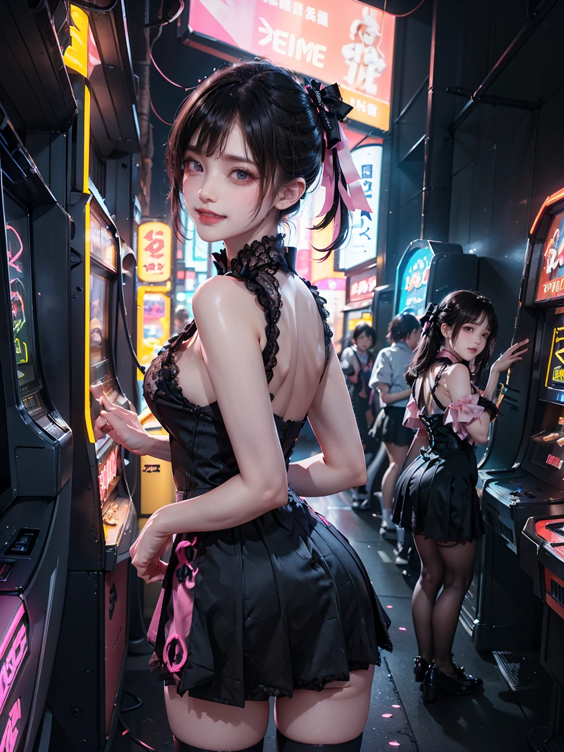 ((16K)),((masterpiece:1.3)), ((Highest quality)), ((Ultra-high resolution)), (Very detailed), (Realistic, photoRealistic:1.4), Perfect lighting,((Side light)), Surrealism,No makeup, Film Grain, chromatic aberration, Sharp focus, Face Light,((Beautiful detailsまでこだわった髪)),((Beautiful eyelashes)), Beautifully detailed face, ((Beautiful Hair)),Beautiful details, Beautiful clavicle, Beautiful body, Thin legs,Beautiful breasts, Beautiful legs, ((Detailed and carefully drawn hand)), Cleavage, Perfect Anatomy, Supermodel with a long neck,((Skinny1.3)),23 years old,Looking into the camera,(Perfect Anatomy,Anatomically correct, Very detailed肌), Glowing Skin,((pale skin)),((beautiful girl:1.1)),shiny hair,((two side up)),(Medium Hair:1.4, Straight Hair:1.2, Black Hair) ,((Hime cut:1.2)),Dainty facial structure,((Captivating smile:1.5)),((Booty poses:1.5)),((From above)),(((wearing jirai fashion, shiny black satin, high neck, short dress with many ( black )frills))), ((pink Lace:1.5)), (((micro mini skirt, bow ribbon))), ((super large breasts)), ((see-through black thighhighs )),((Create a vibrant and detailed image of a neon-lit game center in Akihabara at night:1.5)),((The scene should feature a lively arcade filled with flashing lights from various arcade machines, with colorful neon signs and digital screens illuminating the room)),The atmosphere should be energetic, with crowds of people engaging in various games, The interior should have a mix of retro and modern gaming machines, with the neon signs casting a bright, multi-colored glow over the scene,((Arcade machines in Japan)), ((Arcade)),((The setting should feel both futuristic and nostalgic, capturing the essence of Tokyo's electric town))