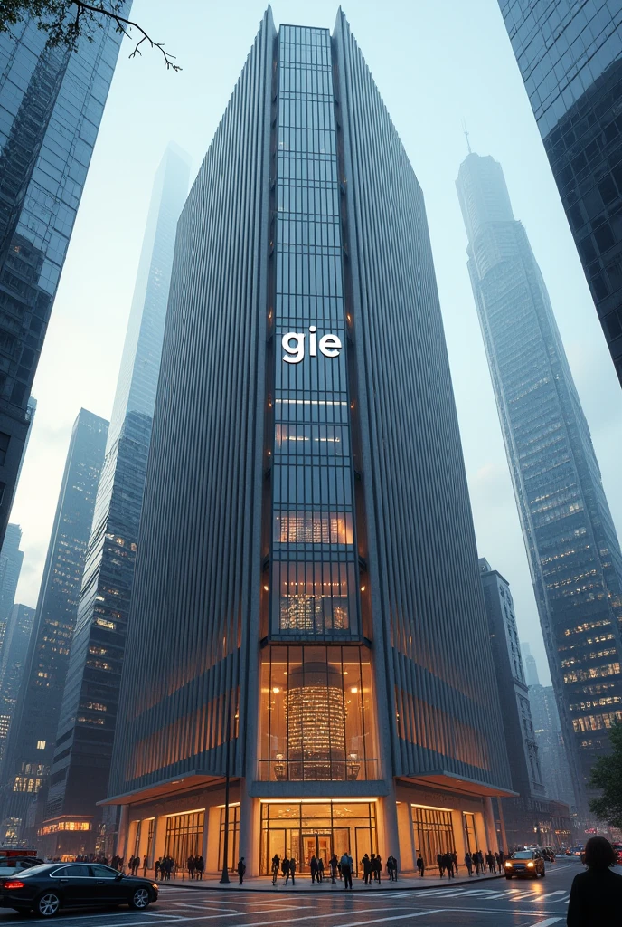 Generate a buiding front in the middle of a city wth the logo GIE