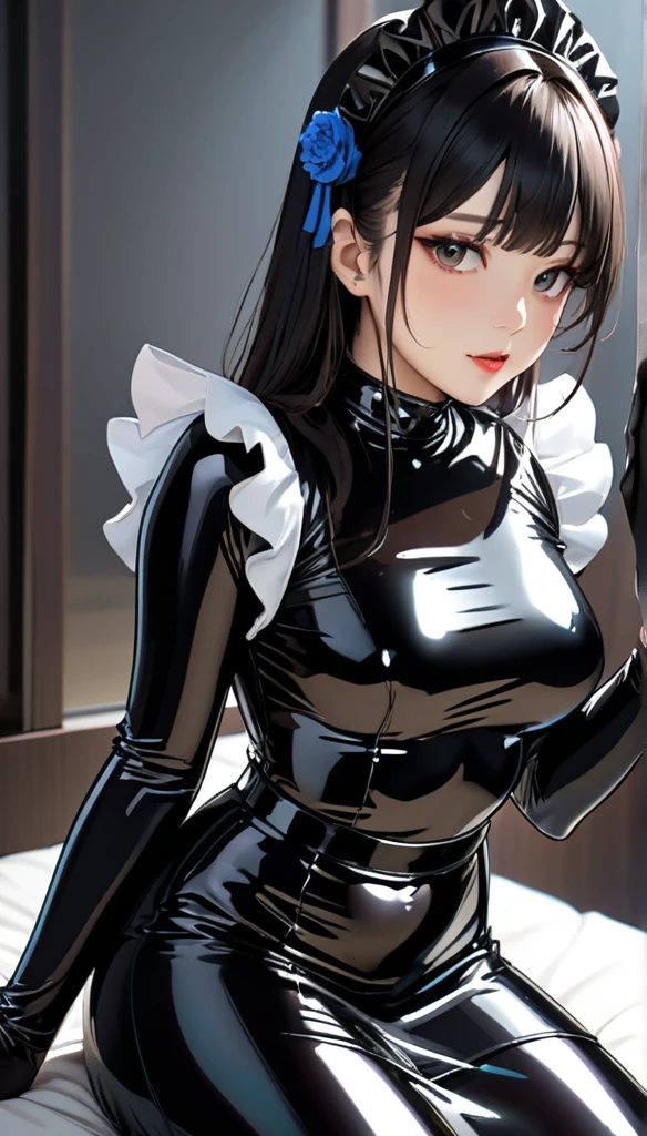 Nsfw,(masterpiece,highest quality,超A high resolution),Japanese women, (((Very beautiful 25 year old girl))),(transparent see-through Black latex maid outfit)、transparent see-through Black latex long skirt、transparent see-through Black latex long sleeve shirt、Long gloves in black latex、black latex tights、The clothes fit very well、Latex has a very strong shine、Dark Room