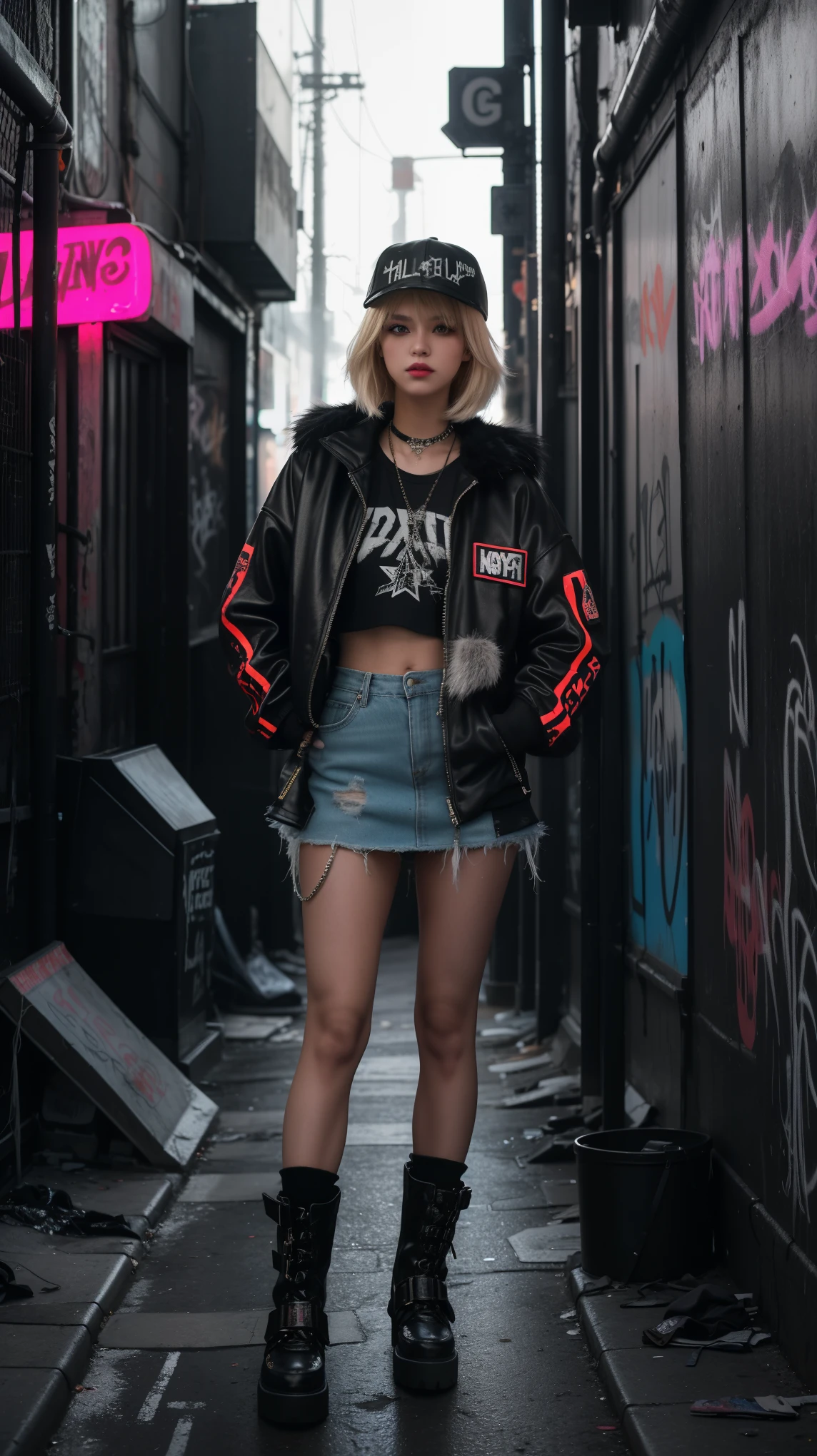 A girl posing in a grungy, neon-lit urban alleyway. Blonde wolfcut hair, The girls wear edgy streetwear, faux fur hacket, fur boots, baseball cap, and skirt. The alleyway is dark and atmospheric, with graffiti-covered walls and glowing neon signs, grungy aesthetic