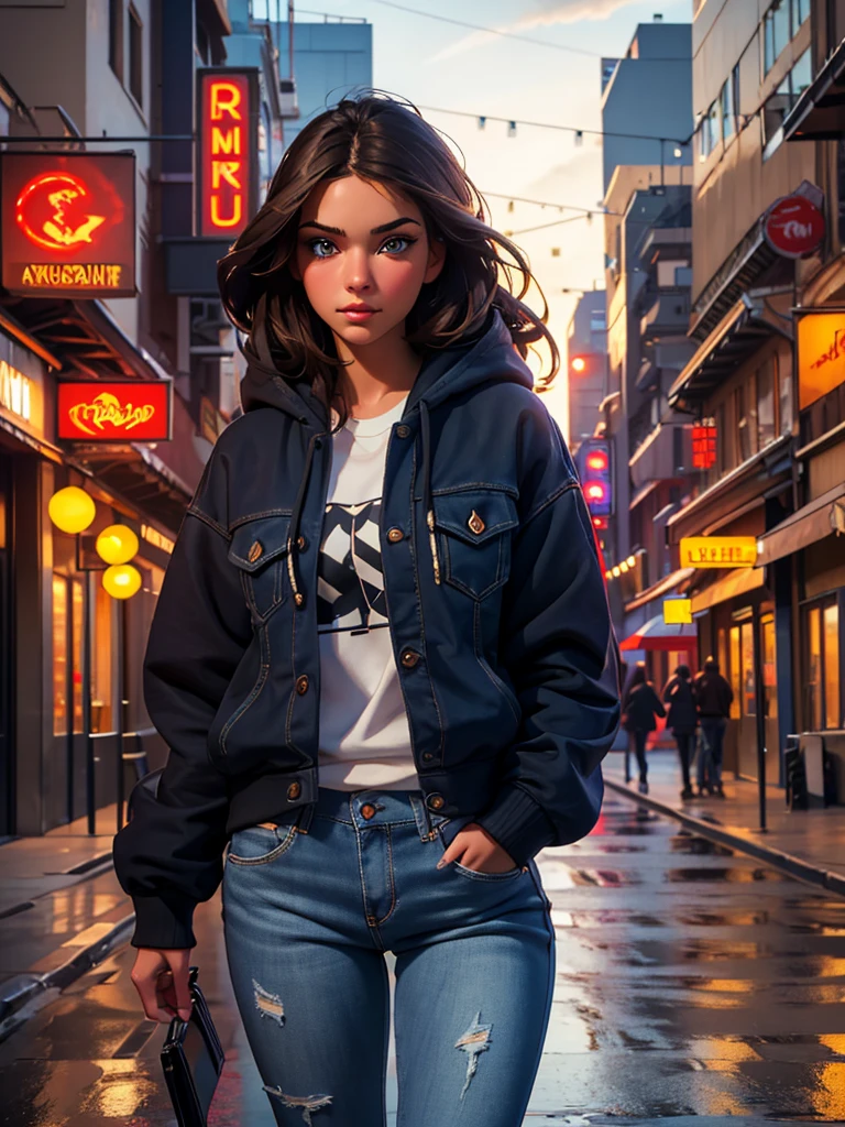 a pretty 22 year old brunette girl, detailed face, detailed eyes, detailed lips, long eyelashes, sweet hoodie, blue jeans, walking in urban street, pensive expression, slightly sad, (best quality,4k,8k,highres,masterpiece:1.2),ultra-detailed,(realistic,photorealistic,photo-realistic:1.37),HDR,UHD,studio lighting,ultra-fine painting,sharp focus,physically-based rendering,extreme detail description,professional,vivid colors,bokeh,urban landscape,street scene,cinematic lighting