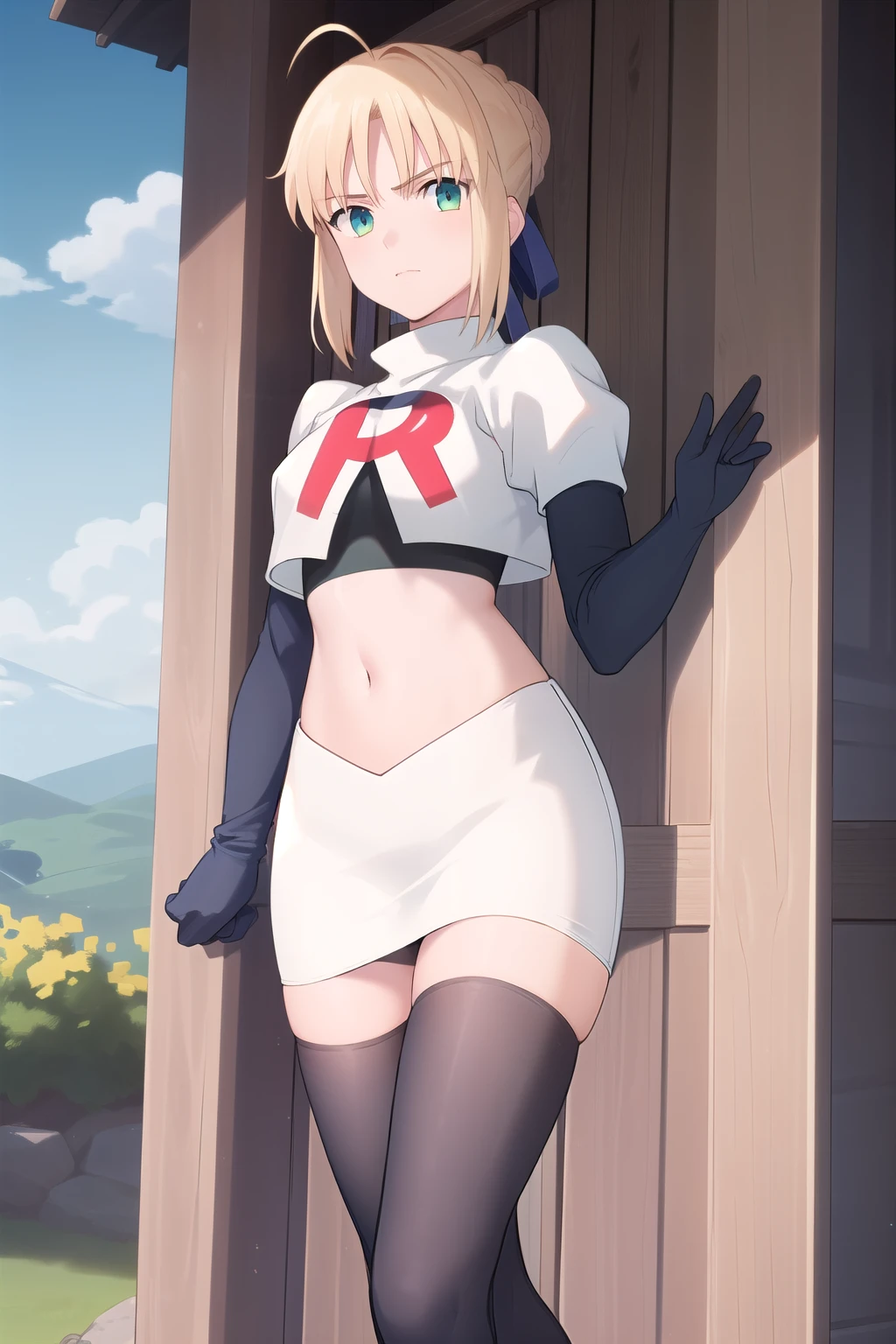 best quality, masterpiece, phSaber, phAltoria, 1girl, solo, blue ribbon, looking at viewer, french braid, hair bun, short hair, outdoors, team rocket,team rocket uniform,white skirt,red letter R,crop top,black thigh-highs,black elbow gloves