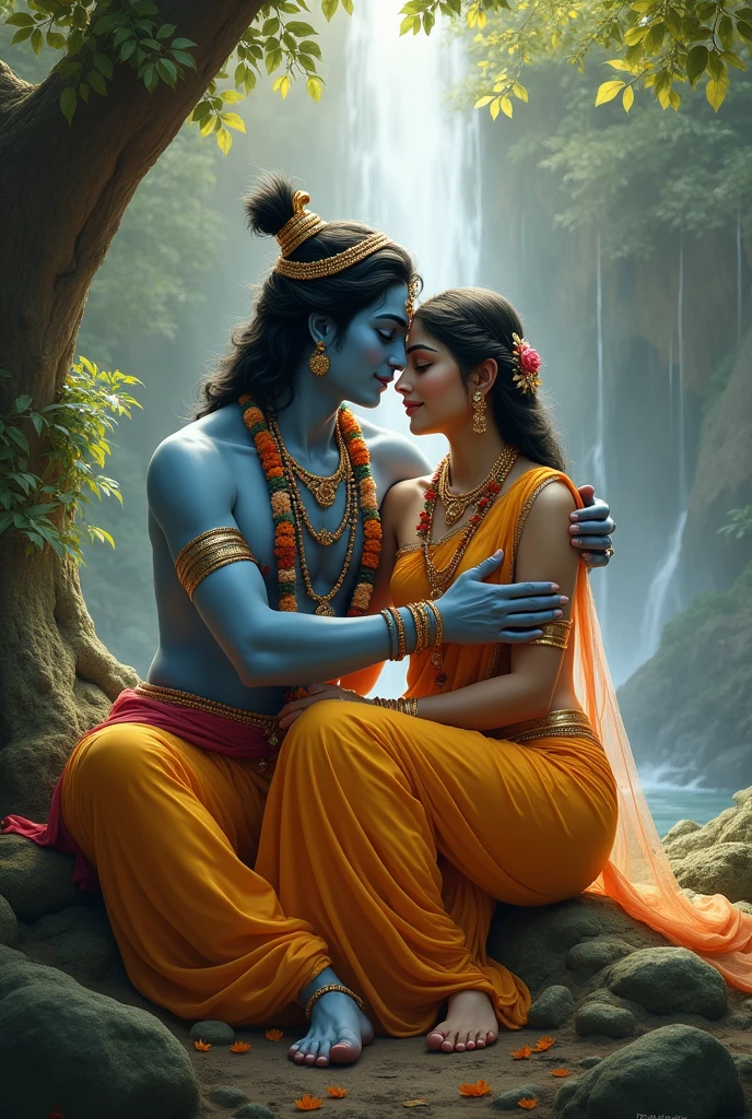 "A divine and peaceful moment of love and devotion, depicting Lord Krishna and Radha seated together in a serene forest with a cascading waterfall in the background. The image captures their deep bond and spiritual connection, emphasized by Krishna’s gentle embrace and Radha’s tender expression. The lush greenery and tranquil atmosphere further enhance the divine aura of this sacred scene."
