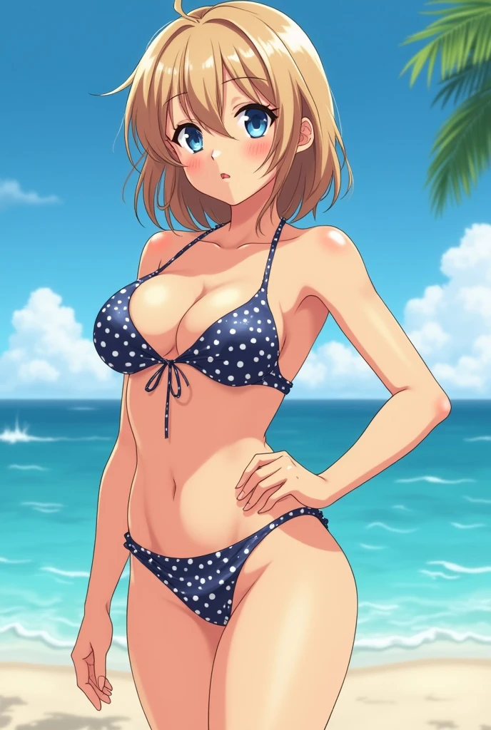 A naughty older sister wearing a tiny swimsuit with pubic hair visible in an anime style。