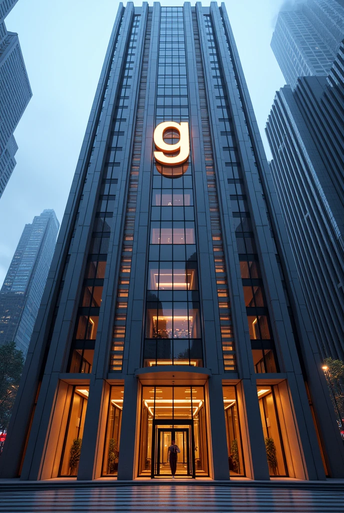 Generate a buiding front in the middle of a city wth the logo GIE