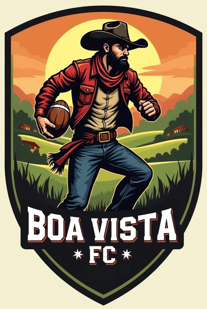 shield of a football team from a farm called Boa Vista with a cowboy playing ball , must have the name "Boa Vista FC" no shield