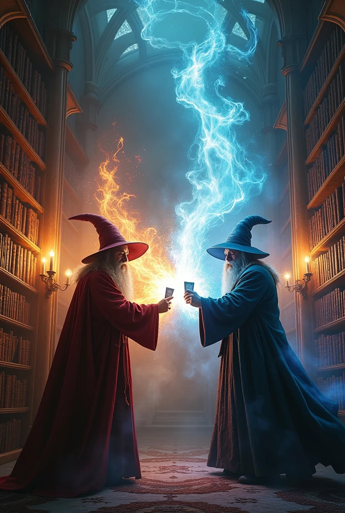 (Card Game style:1.2), Two wizards engage in a card battle in an ancient library, their spells colliding in the air and releasing dazzling light. Use low angle and dynamic blur effects to capture the moment when spells are released, RAW photo, color graded, surreal, (captivating chiaroscuro:0.1), dynamic movement, full body, award-winning, cinematic still, emotional, dynamic, vivid, (masterpiece, best quality, photorealistic, Professional, perfect composition, very aesthetic, absurdres, ultra-detailed, intricate details:1.3)