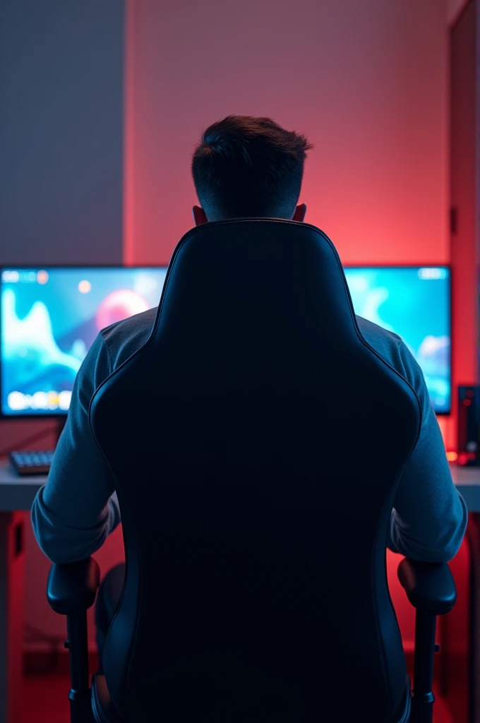 Make a image , a man sitting on a gaming chair. Back look