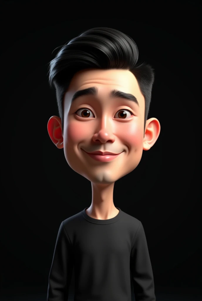 Realistic 3d caricature. Big head. A 21 year old Indonesian man. Slightly tall, slightly round face shape. Oval chin, handsome, slightly round eyes, white skin, faint smile. Black hair with a side part. Wearing a black long-sleeved shirt. Body position is clearly visible. Black background. Use soft photography lighting with hair lights, edge lights, and top lights. Photos with very high detail