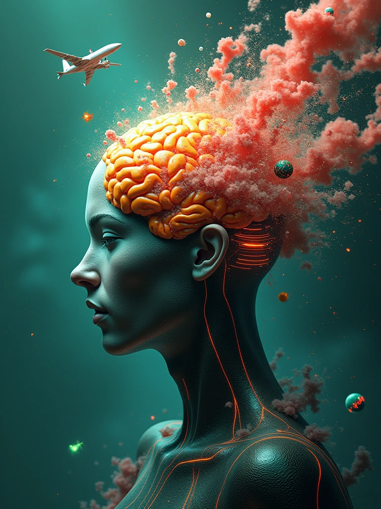 "human brain concept","explosion of great ideas",""knowledge explosion","futuristic brain","with hypnotic colors","azul vibrante","vibrant green","vibrant red","vibrant orange","lots of glow","with super cars coming out of the brain","with futuristic planes coming out of the brain","with curious items coming out of the brain","higtech devices coming out of the brain","fundo futuristico","exus planets in the background",