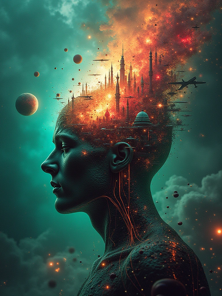 "human brain concept","explosion of great ideas",""knowledge explosion","futuristic brain","with hypnotic colors","azul vibrante","vibrant green","vibrant red","vibrant orange","lots of glow","with super cars coming out of the brain","with futuristic planes coming out of the brain","with curious items coming out of the brain","higtech devices coming out of the brain","fundo futuristico","exus planets in the background",