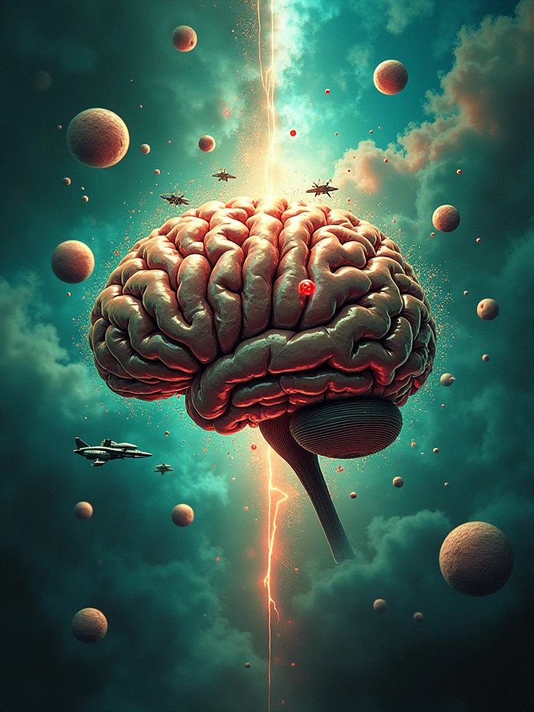 "human brain concept","big brain","with items around"explosion of great ideas",""knowledge explosion","futuristic brain","with hypnotic colors","azul vibrante","vibrant green","vibrant red","vibrant orange","lots of glow","with super cars","with futuristic planes","with curious items","with higtech devices","fundo futuristico","exus planets in the background","with text","Open your mind"