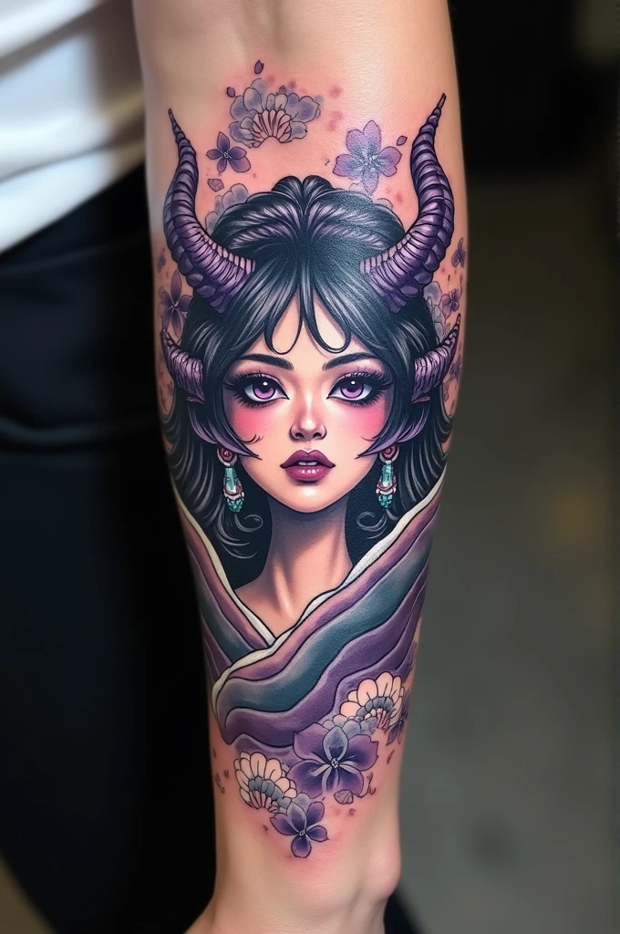 Create a traditional Japanese style tattoo located on the forearm that is of a half demon and half angel being with purple colors, blue, white