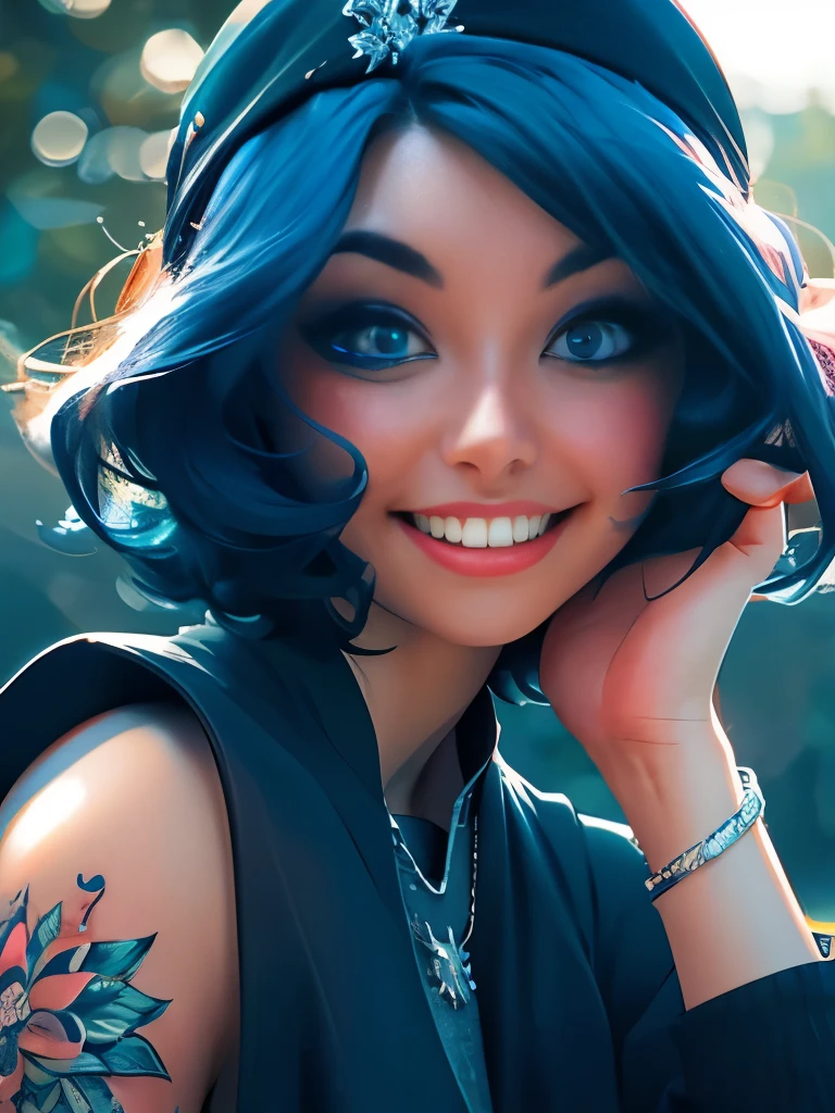 Masterpiece, best quality, high quality, very detailed CG uniform 8k wallpaper, 1girl, solo, blue hair, tattoo, short hair, hat, jewelry, smile, necklace, looking at the audience, hat, realistic, open mouth, teeth, upper body, vest, nose, bare shoulders, artist name, black tiara, collarbone, arm tattoo, blue eyes, lips, blur, oil painting, award winning photography, bokeh, depth of field, HDR, bloom, chromatic aberration, realism, very detailed, artstation Intricate, High Detail, dramatic, art by midjourney