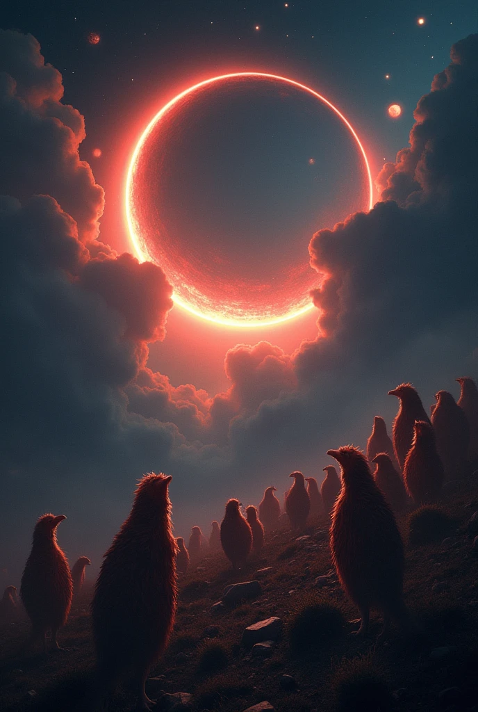 A bunch of creatures being released in a rare eclipse