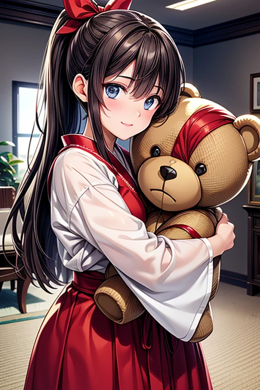#Basics A girl is posing for a photo, (((One Girl))), (((Baby Face:1.4)) + ((cute:1.4)) + ((15 years old))),
break
#Clothing Accessories
((Red Hakama)) + (((White and purple)A haori with large sleeves)) + (Black ankle boots),
break
#Features
((Brown Hair:1.2)) + ((slicked back hair:1.5)) + ((ponytail : Long Hair + Voluminous Hair + Big red ribbon)),
((Droopy eyes:1.4, Big eyes:1.2), blue eyes), (Neutral facial features),
break
#background environment
((noon, A reception room in a large Western-style building)),
#Facial Expression Pose
(smile, blush), (Hug a teddy bear:1.4),
#composition
(Look into the camera), ((Character Focus), (Angle from the front), (Cowboy Shot)),
break
#Body parts elements
(Slim figure),
(Symmetrical facial features),
(Detailed Hair, Beautiful Hair, Shiny Hair),
(double eyelid, Long eyelashes, Thin eyebrows:0.5, Thin eyebrows:0.5),
(Expression of fine eyes, Beautiful and delicate eyes, Sparkling eyes, Eye Reflexes, Glitter Eyeliner),
(Human Ear),
(Beautiful Nose, Thin Nose),
(Glossy Lips, Beautiful Lips, Thick lips),
(Detailed skin, Textured skin, Beautiful Skin, Oily skin),
break
#Quality Image Quality Common
(((Highest quality)), ((masterpiece:1.3)), ((Very detailed))), ((Ultra-high resolution)), ((16K, 1080P)), ((Full HD)),
(Anatomically correct), (Realistic), (3DCG), (Oil painting),
((comics, anime)), (CG illustration), (RAW Photos),