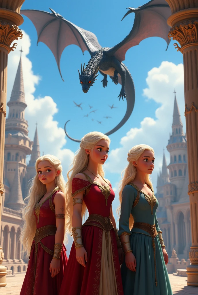 Disney Pixar of young Daenerys Targaryen along with young Rhaenyra Targaryen and mature Rhaenys Targaryen in the glory of ancient Valyria behind them the giant dragon Balerion the black terror and countless dragons flying in the sky