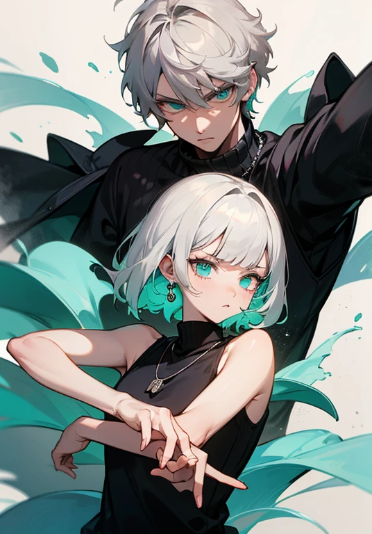 The boy has two block haircut or two side hair, light grey hair, silver hair, really short hair, death stare, short but messy hair, cyan eyes, man earrings, black turtleneck sweater for boy, men necklace, popular, kpop outfit, soft, cool, ikemen, handsome, aesthetic, anime artstyle, masterpiece, best quality, detailed, professional artwork, digital art, irresistible, gorgeous, looking you, pure art, 4k, hd