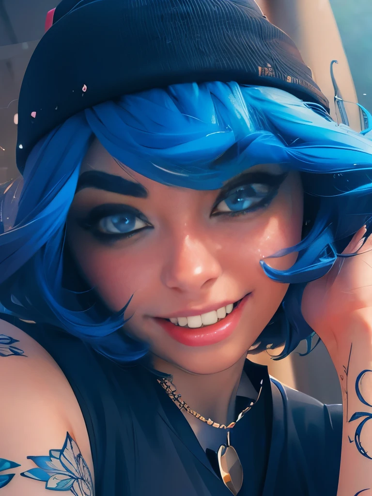 Masterpiece, best quality, high quality, very detailed CG uniform 8k wallpaper, 1girl, solo, blue hair, tattoo, short hair, hat, jewelry, smile, necklace, looking at the audience, hat, realistic, open mouth, teeth, upper body, vest, nose, bare shoulders, artist name, black tiara, collarbone, arm tattoo, blue eyes, lips, blur, oil painting, award winning photography, bokeh, depth of field, HDR, bloom, chromatic aberration, realism, very detailed, artstation Intricate, High Detail, dramatic, art by midjourney