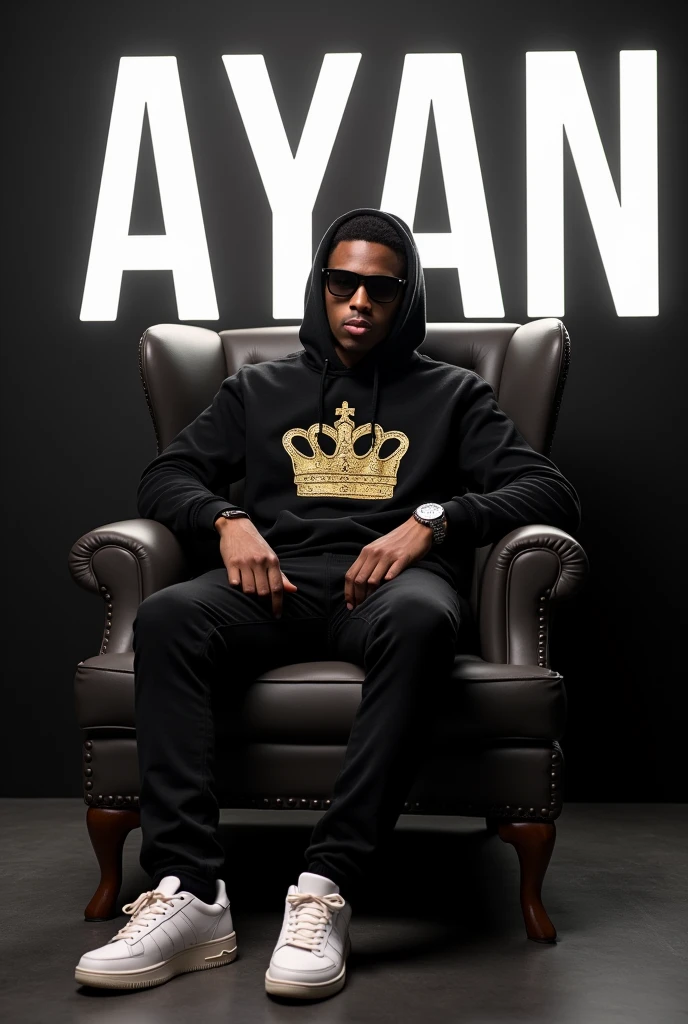 Create a 3D illusion A 24-year-old boy wearing a black hoodie with a king logo on his outfit for a profile picture.
Sitting casually in a wingback chair. Wearing sneakers, a Rolex watch, a white one, he looks forward with attitude. The background features "AYAN" in large black, white neon light font on a black wall.
He shouldn't have shadows, and Cho has dark glasses. So it looks like a king's son