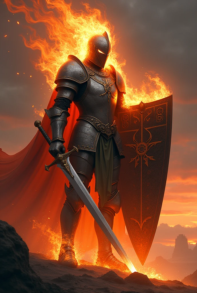 Create Male Fire Hair Jinn Knight in Full Armor Medieval Fantasy with Shield and Long Sword