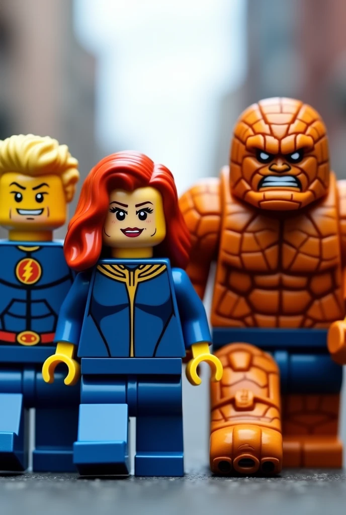 Fantastic Four, Marvel's First Family, reimagined as LEGO minifigures. Mr. Fantastic, Invisible Woman, Human Torch, and The Thing are walking side-by-side in a heroic stride, ready to face any challenge. Capture their distinct LEGO forms and personalities, highlighting the blocky textures and signature details of each minifigure. Focus on their determined expressions and the sense of unity and strength they exude as a team. The background should be a stylized LEGO cityscape, emphasizing the brick-built world they protect.