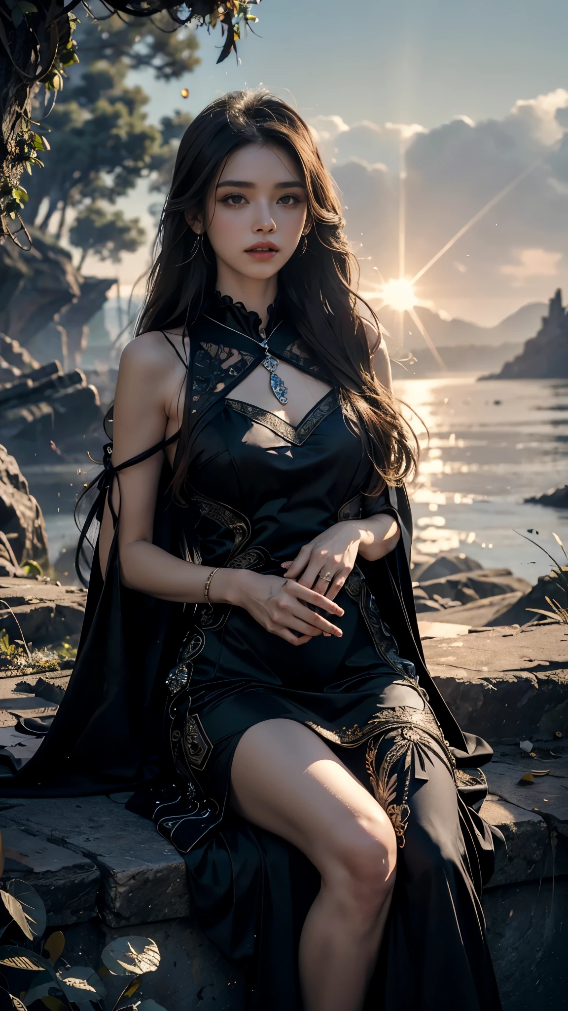 4K, UHD, Masterpiece, 1 girl, good face, detailed eyes, ((very long hair)), bridal hairstyle, butterfly on hair, ornaments, crystal ornaments, jwellery, block print dress, ((black dress)), very detailed dress, strap dress, flowing cape, mesh stocking, cinematic unreal scenery, legendary scenery, rainy weather, wet ground, depth of field, ray tracing, bloom, god rays, lens flare, sun flare, cinematic pose, sitting