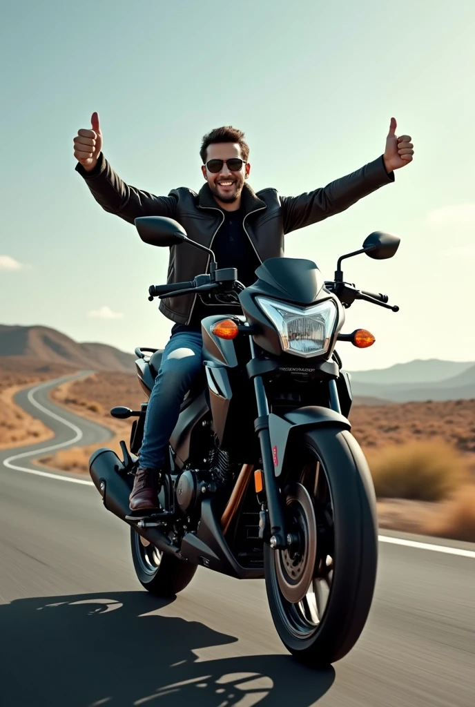 A motorcycle, Honda Bros 160, black, on a highway, with a man on top of her, posing fror a picture, giving a thumbs up