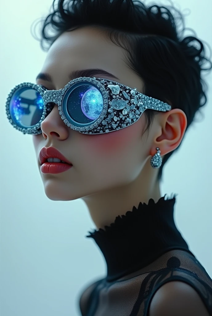 The model is wearing glass sunglasses with stars and the moon on the glass and showe ????? 