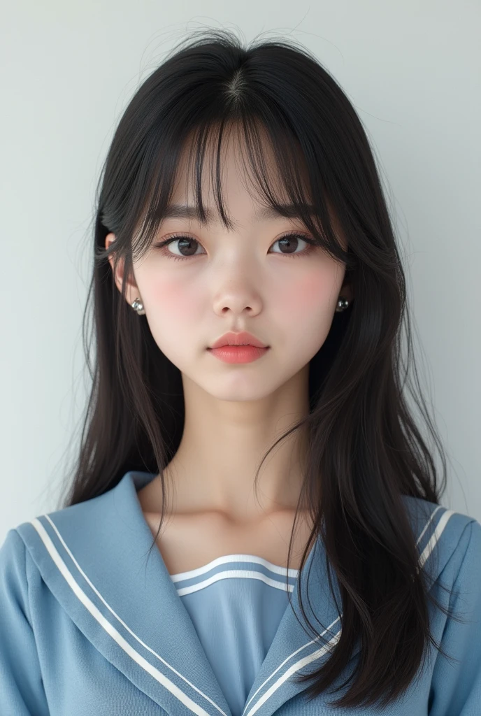 Round face, medium-sized eyes, natural eyebrows, small and simple nose, average-sized lips, light skin tone, long straight hair or lightly wavy hair. Outfit: school uniform or casual clothing. Chest size: J cup or equivalent (117cm top bust, 85cm under bust). (8k, RAW photo, best quality, realistic, photo-realistic), solo, a Japanese woman.