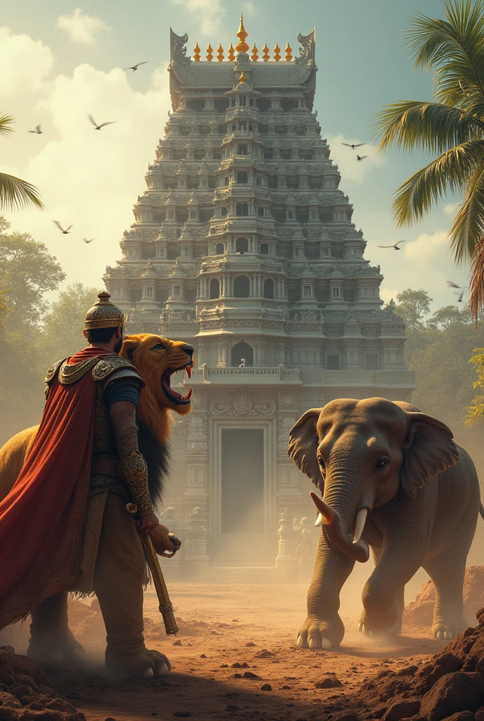 King cheran fiting with lion and elephant with tanjai periya Kovil temple background