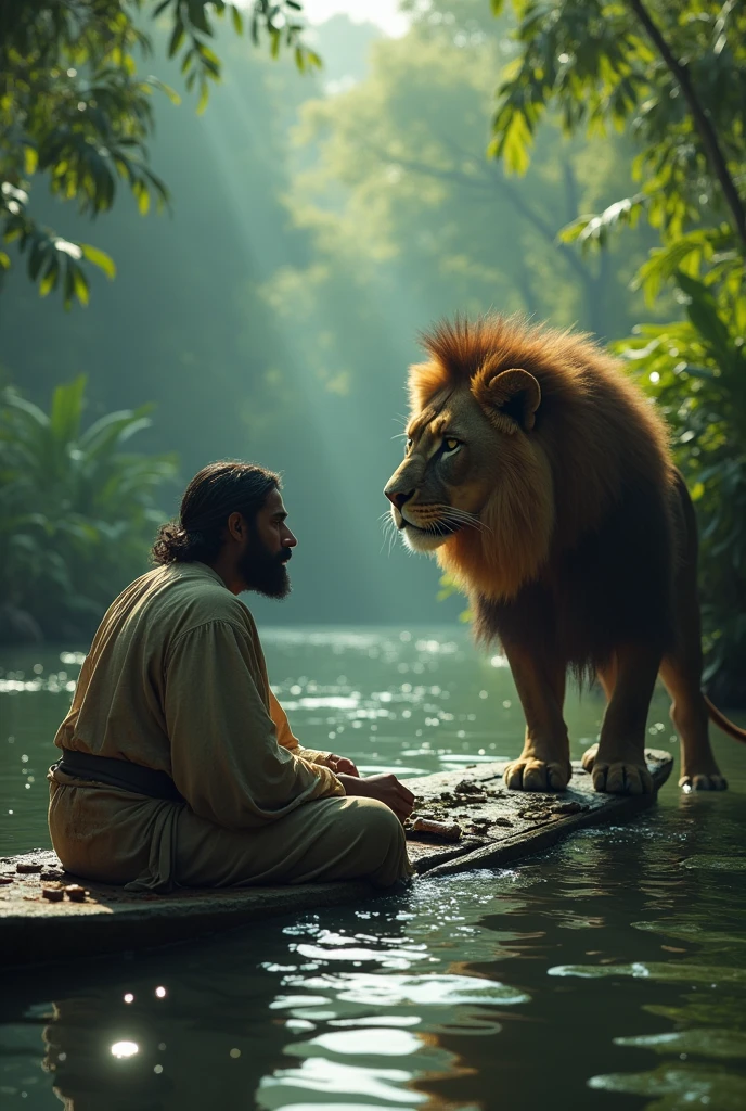 Muslim man floating on piece of broken boat infront of lion in jungle