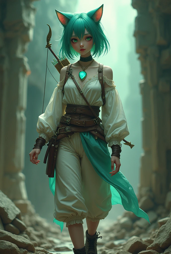 ((Best Quality)), ((masterpiece)), (detailed), (original), (realist), girl with very short green hair, medium green eyes, cat ears, soft smooth skin, small mouth, pink,  glow, Whole body, pants with belt, white shirt with details, cyan pendant, leather shoes, transparent stockings, zodiac, survivor, ruins background, textura refinada glow, bow and arrow costume, mixed clothing, violet locks of hair, 