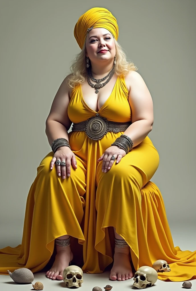 A Cuban woman with WHITE skin, with yellow hair, with African descent, chubby, but let his complexion be white. Between the ages of 40, with a yellow dress, and with his yellow turban, with bracelets and rings, and at his feet some skulls and sea snail shells.