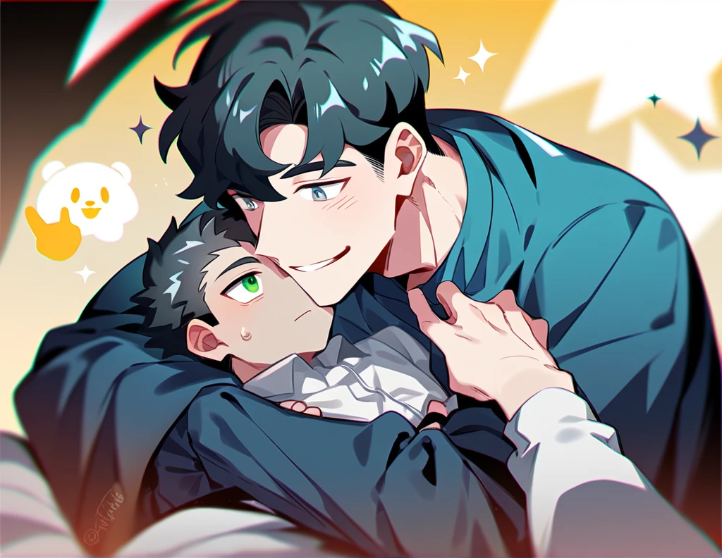 2 young men, focus man , Yaoi, pair, 1 daughter, 2 twin sons, portable princess, bear, look elsewhere, smile, short hair, black hair, green eyes, black hair, gray eyes , The best aesthetics , best quality, Amazing quality, The best aesthetics, nonsense,bright