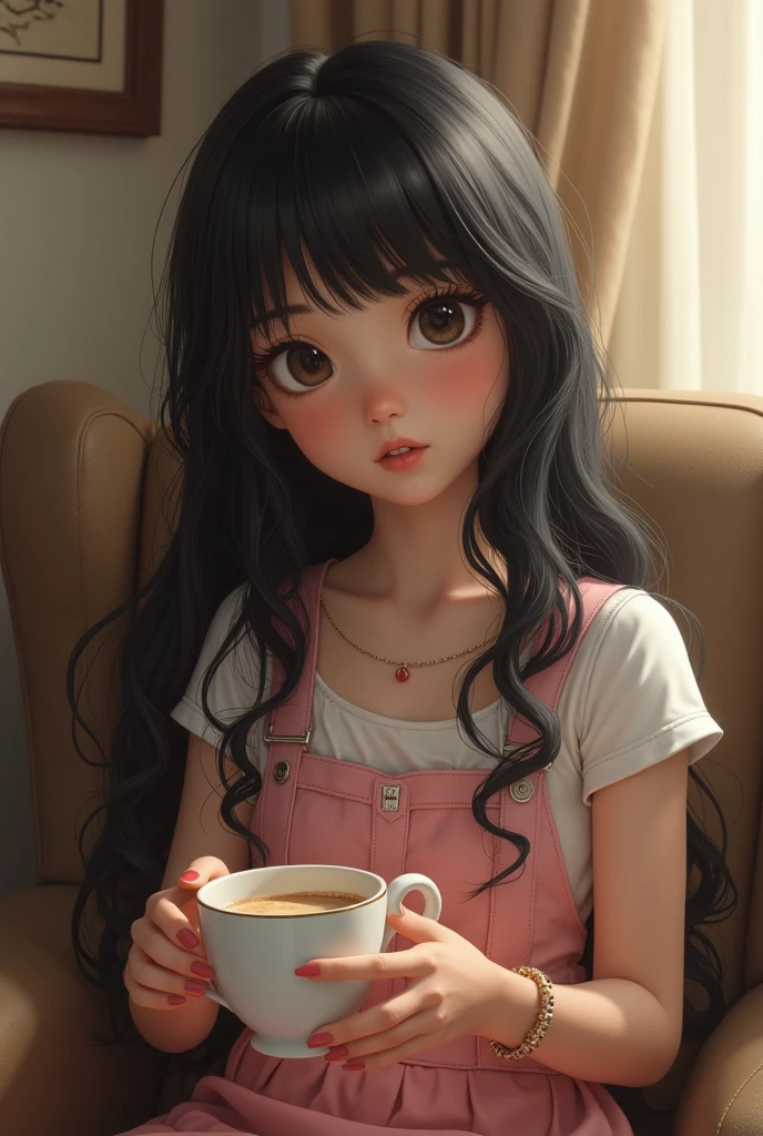 black hair, Surrealism, 8k, super detail, cute girl sitting on chair with coffee 