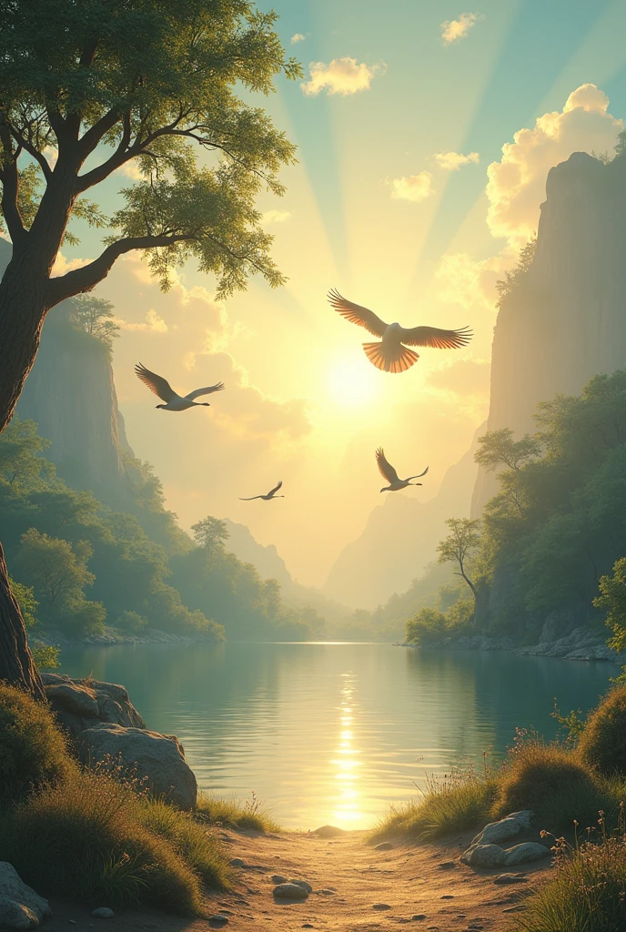 make an ebook cover with the title in Portuguese "September with Jesus", the cover landscape needs to have birds, floor,water,a beautiful landscape that transmits peace, The author's name also needs to be included in Portuguese "Ray Neves"
