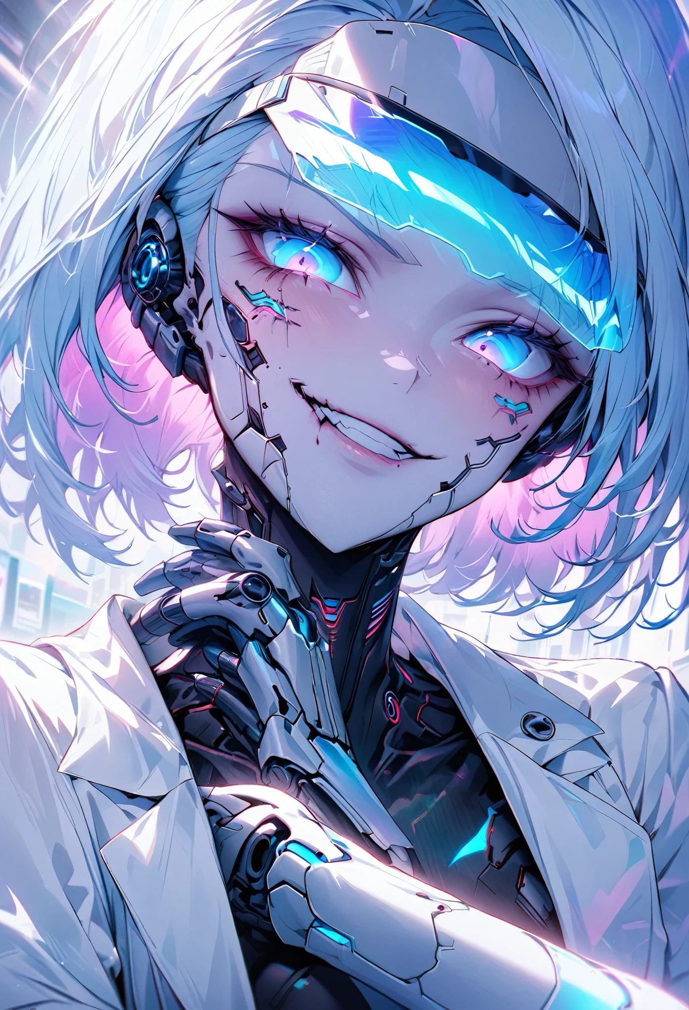 solo female, medium shot, iridescent eyes, electric blue hair, straight hair, asymmetric bob cut, pale skin, brilliant skin, athletic, cyborg hands, doctor's office, cyberpunk, surgeon, smirk, cheeky, holographic visor, white lab coat, blood, close up
