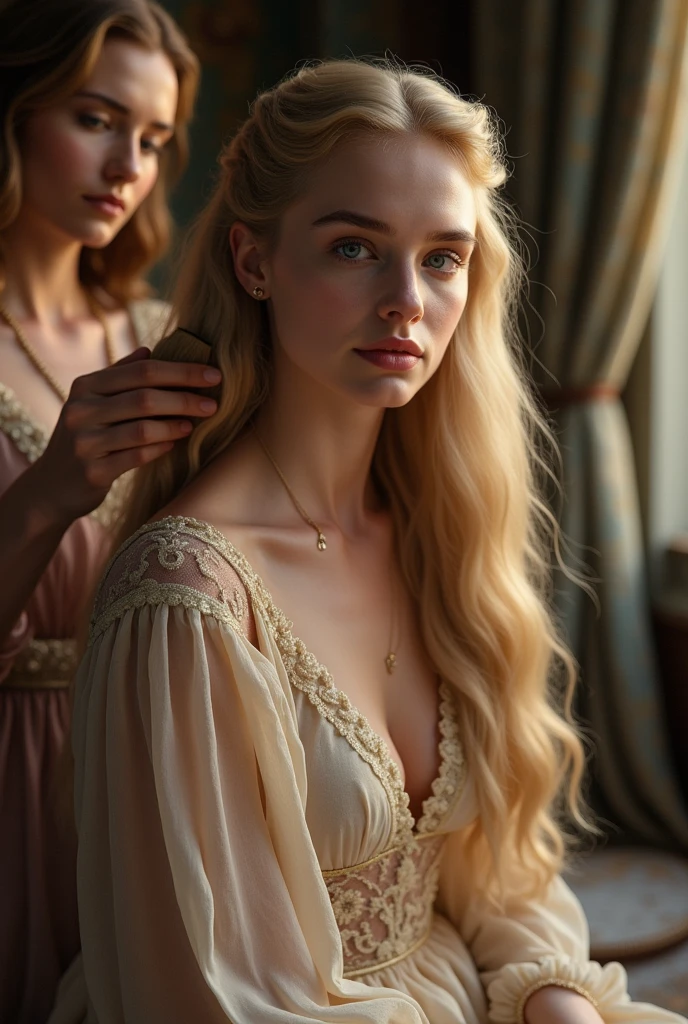 Create a young blonde haired, blue eyed Lannister woman with a dress in her night clothes being combed by her ladies-in-waiting 
