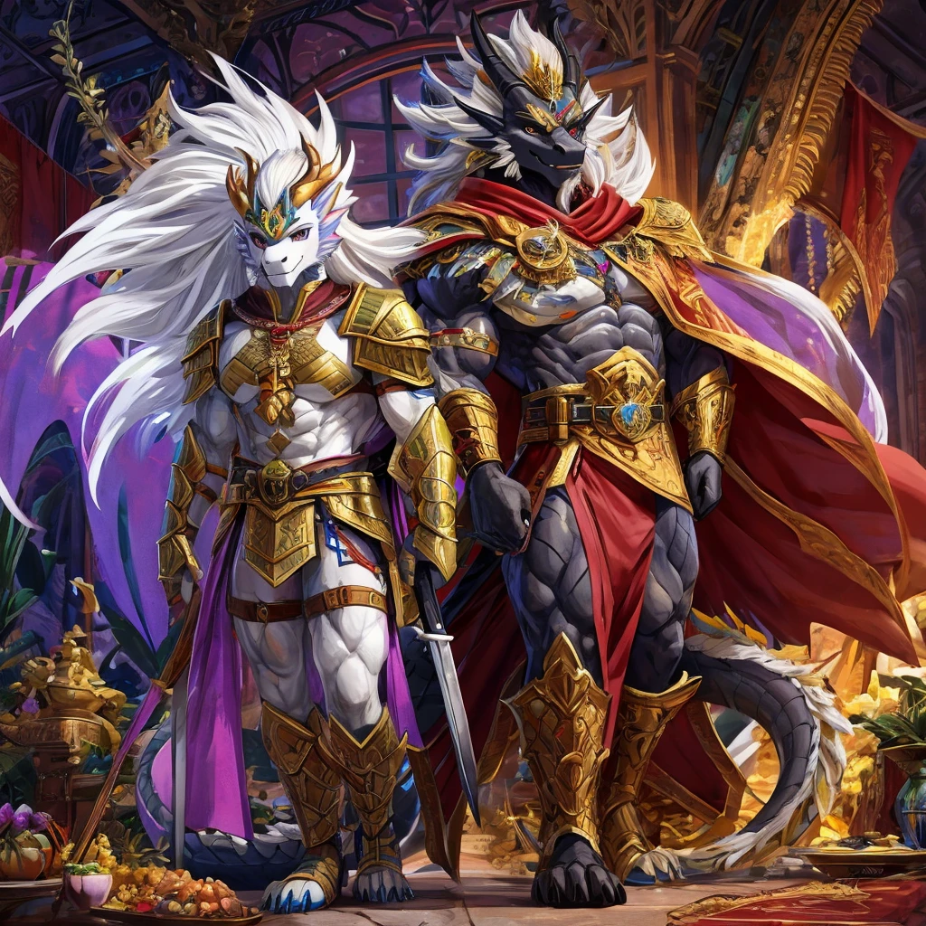 Anthro ice dragon with black scales and purple plates, muscular body. long white hair. 7.3 ft tall. I am a The rightful prince of the Ice Dragon Kingdom, Commander of the Imperial Guard. wearing a gold plate armor and red cape with a bare left arm and with a black sword of the champion on my belt and golden laurel wreath of the winner on his head, My right eye is covered by eye patch leather straps, 