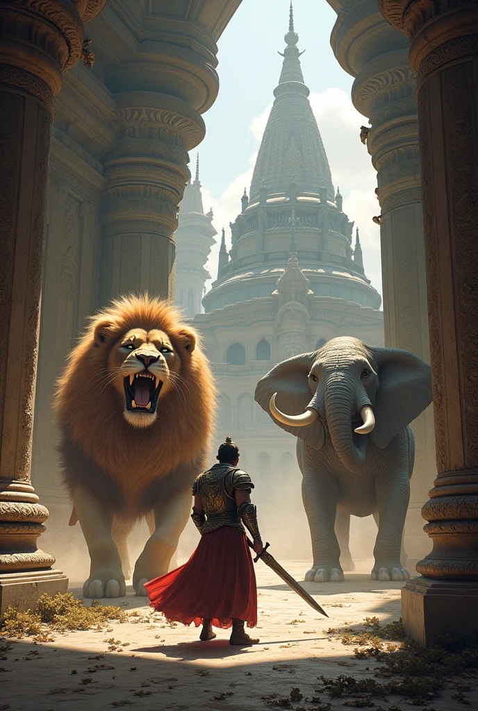 King cheran fiting with lion and elephant with temple background