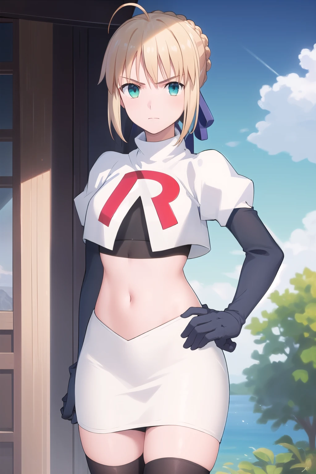 best quality, masterpiece, phSaber, phAltoria, 1girl, solo, blue ribbon, looking at viewer, french braid, hair bun, short hair, outdoors, team rocket,team rocket uniform,white skirt,red letter R,crop top,black thigh-highs,black elbow gloves