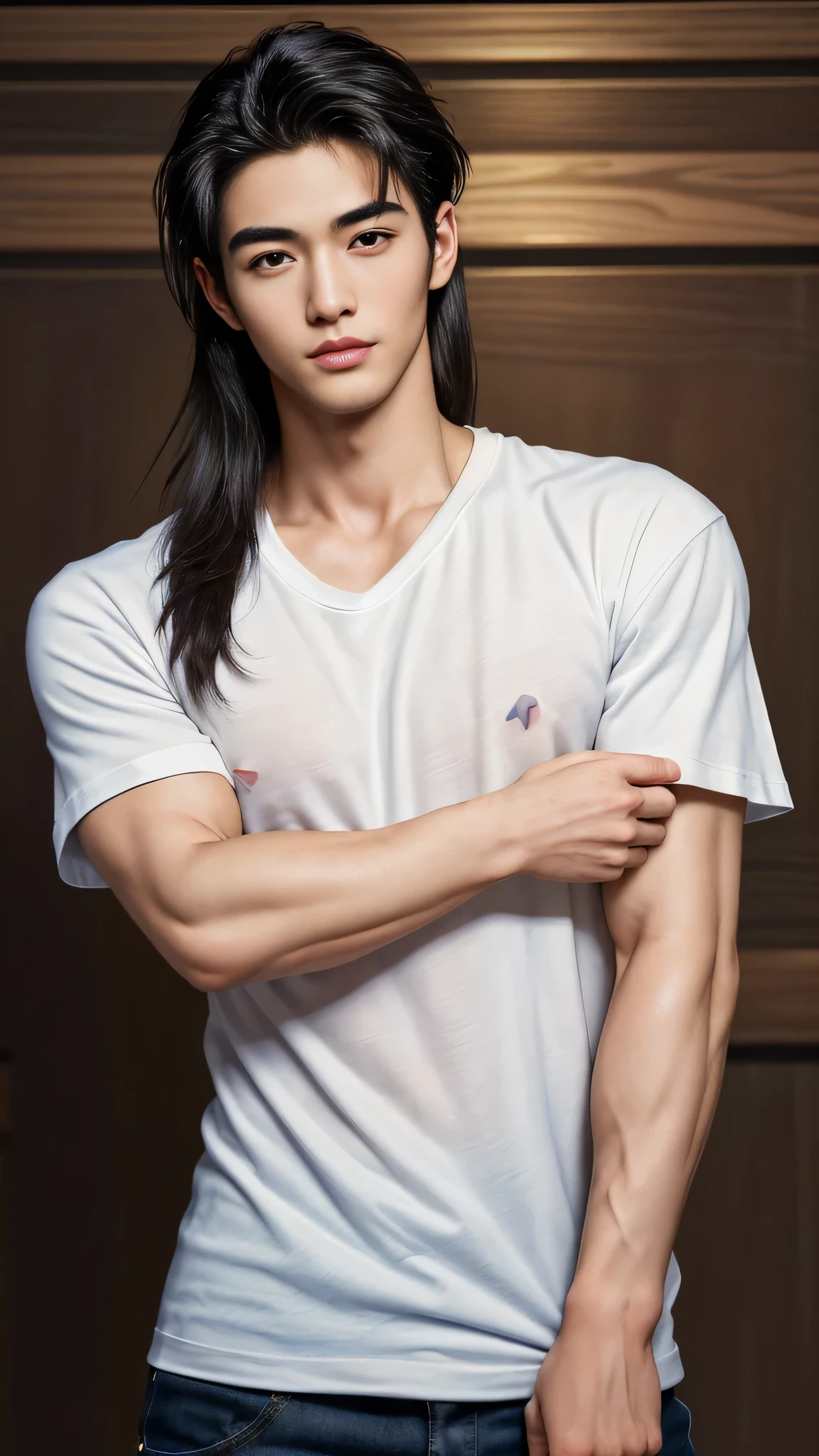 a picture, a handsome, 8k full body portrait of a man, Move ki, disheveled long hair, musculature, Detailed muscular physique, a picture, (masterpiece, top-quality, top-quality, Official art), Photorealistic depiction,20yr old, Toned waist, long limbs, Large and dynamic movements, Make a high side kick, bare-legged, White Karate Uniform, White Hand Belt, White karate pants, Accurate depiction of details, Perfect skeleton, Look straight at your audience, sharp gaze