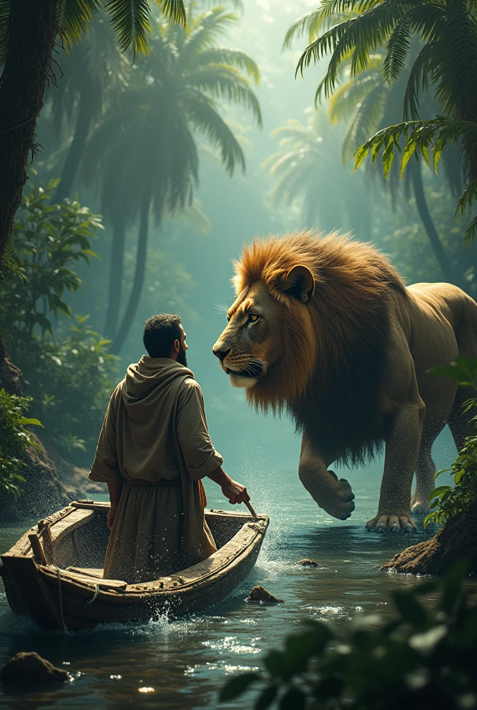 Muslim man floating on piece of broken boat and lion attack in jungle