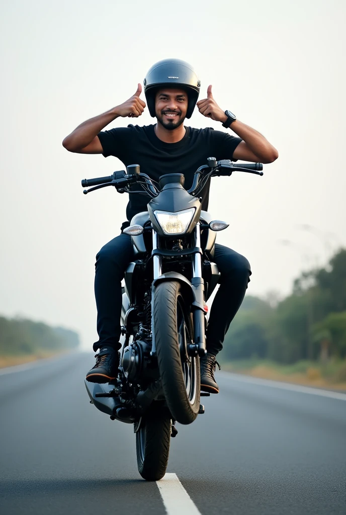 A motorcycle, Honda Bros 160, black, on a highway, with a man on top of her, posing fror a picture, giving a thumbs up, he takes the helmet, and starts to wheelie the bike 