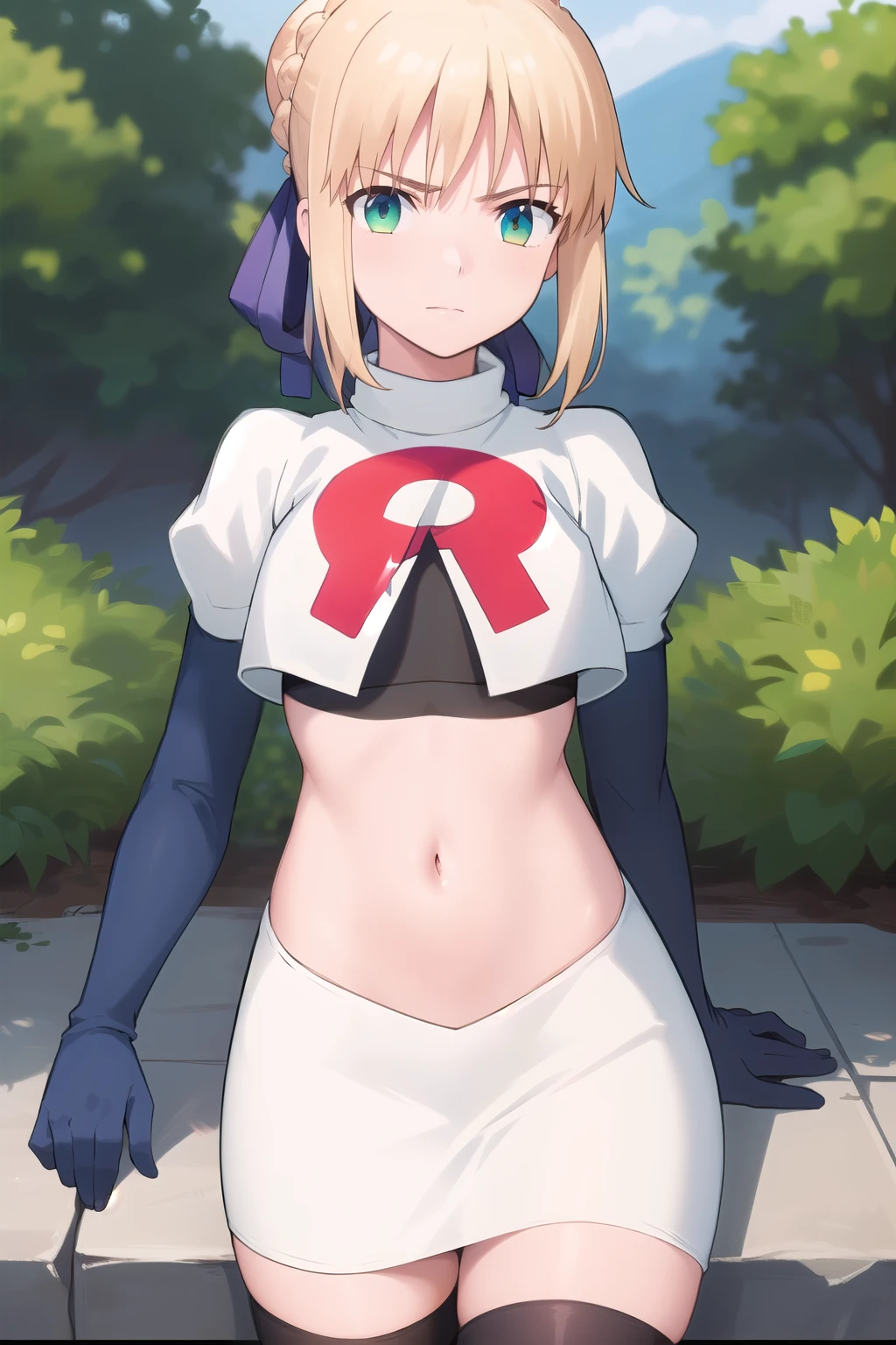 best quality, masterpiece, phSaber, phAltoria, 1girl, solo, blue ribbon, looking at viewer, french braid, hair bun, short hair, outdoors, team rocket,team rocket uniform,white skirt,red letter R,crop top,black thigh-highs,black elbow gloves