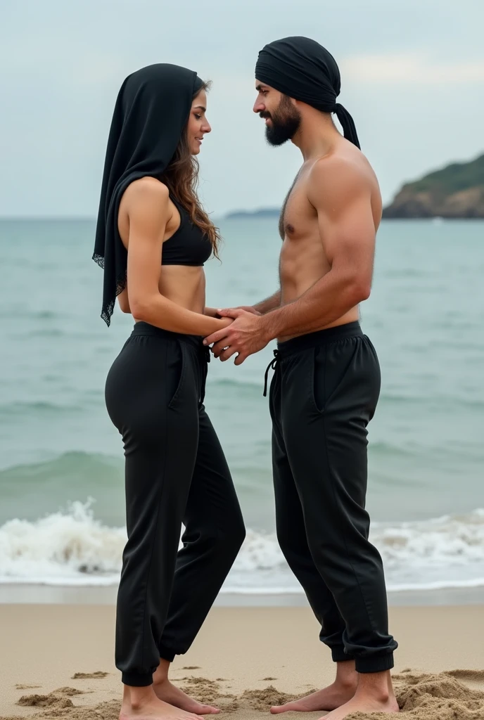 On the beach, with black headscarf, black sweatpants, Men touch barefoot woman's breasts